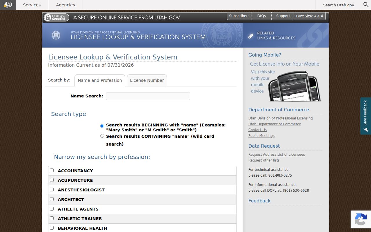 Utah people directories DOPL name profession and license number lookup