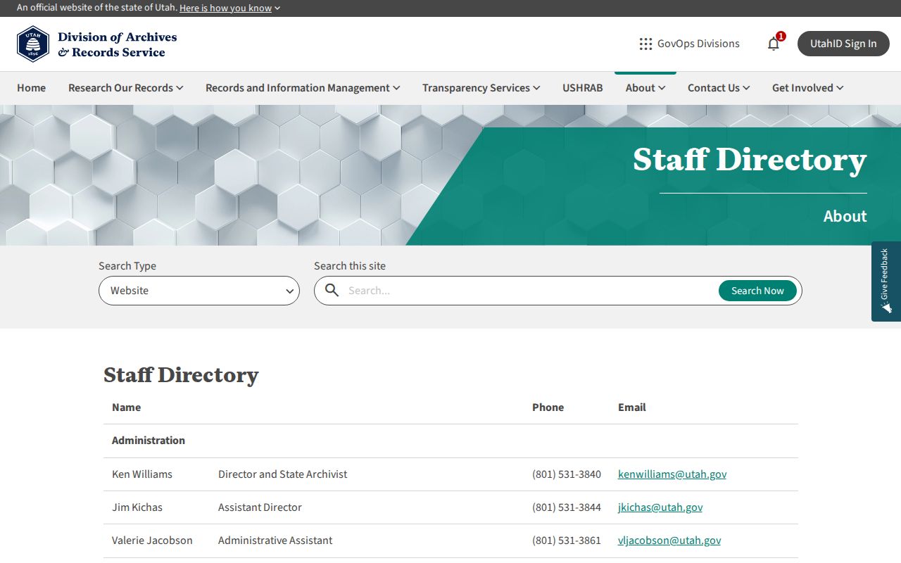 Utah people directories sample Archives staff entries with titles and contact fields